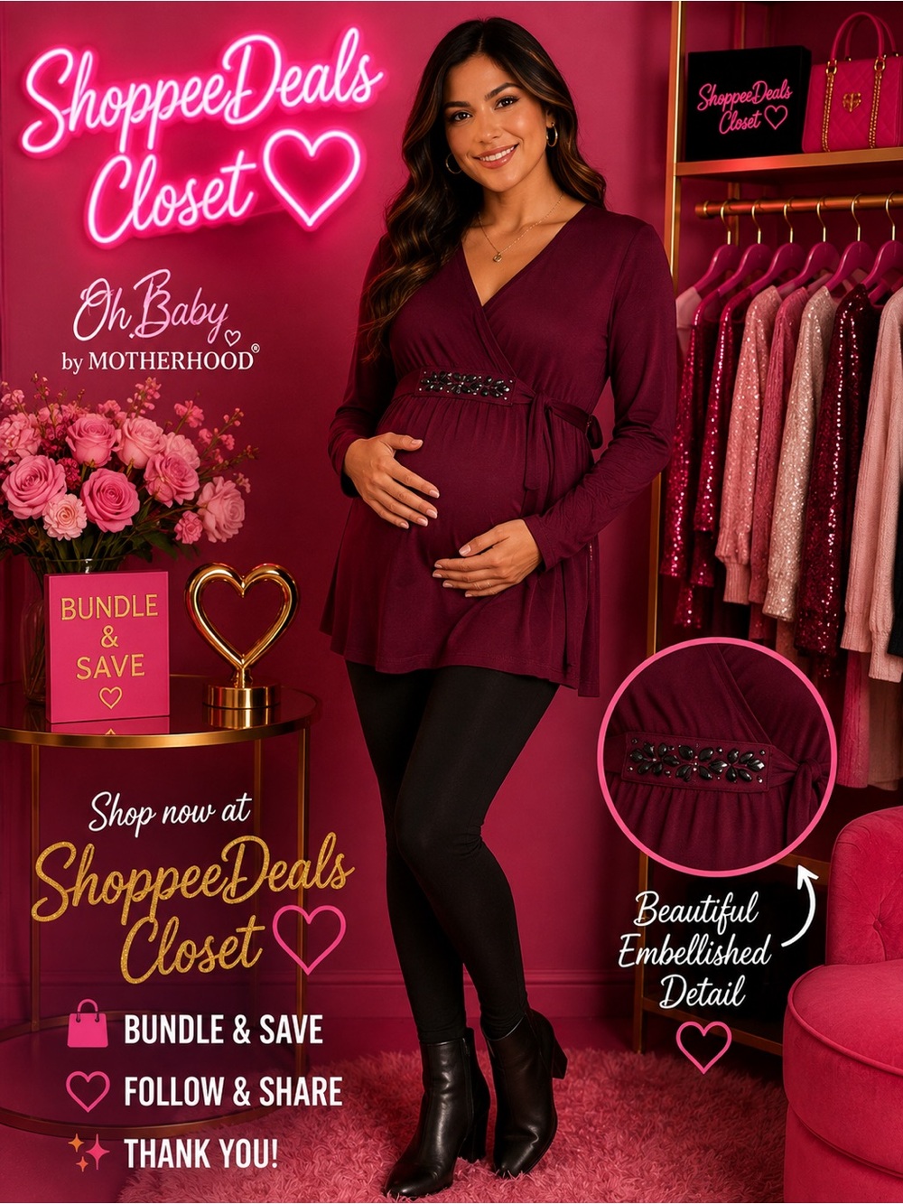 Oh Baby by Motherhood Burgundy Embellished Maternity Tunic Top – Size XL